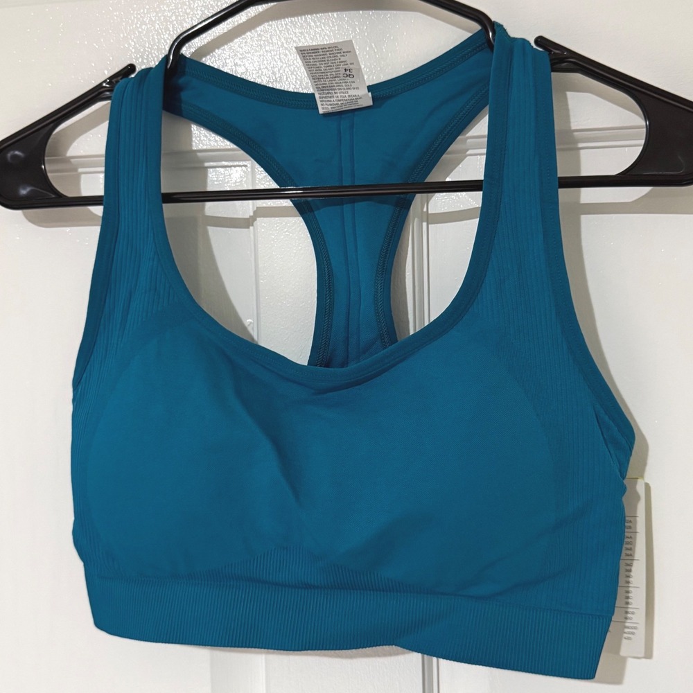 All In Motion Womens Ribbed Seamless Racerback Sports Bra Teal Blue Size L